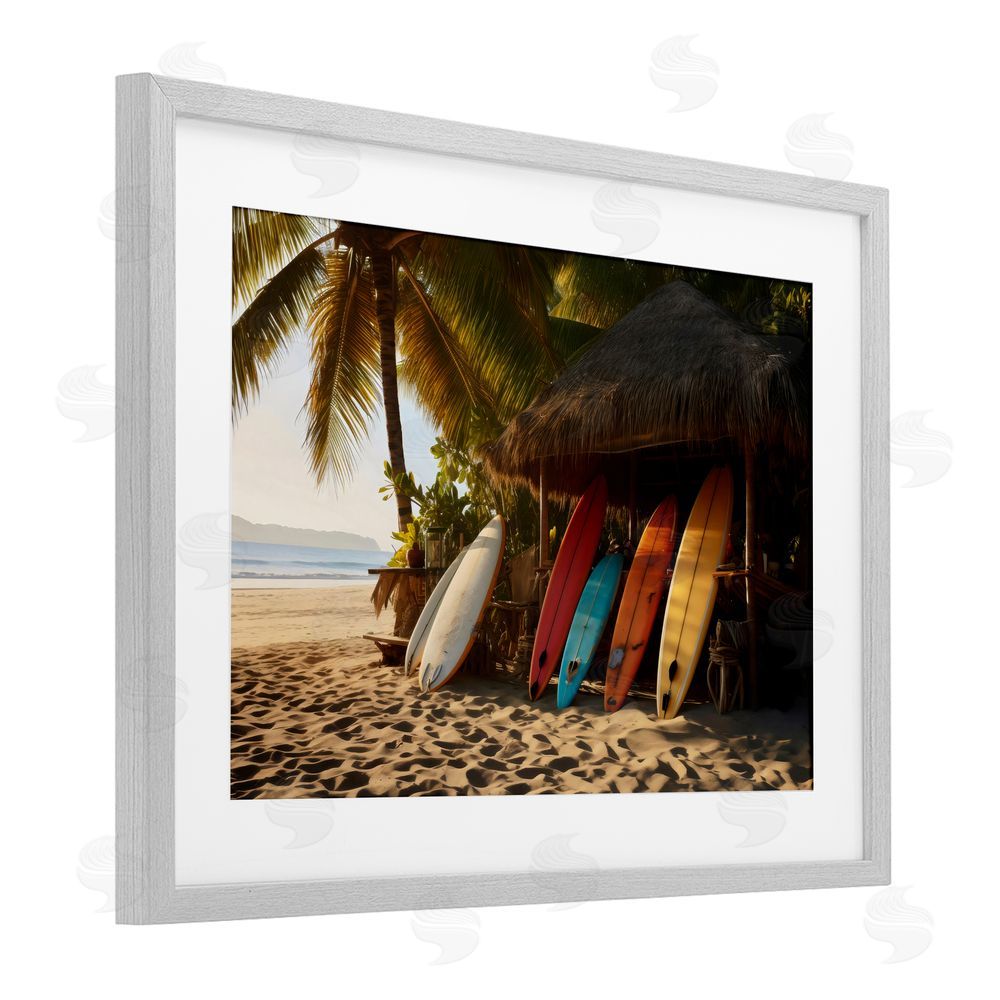 LSR Design Studio Surfboards At Beach Hut Gray Framed Print Under Glass Art