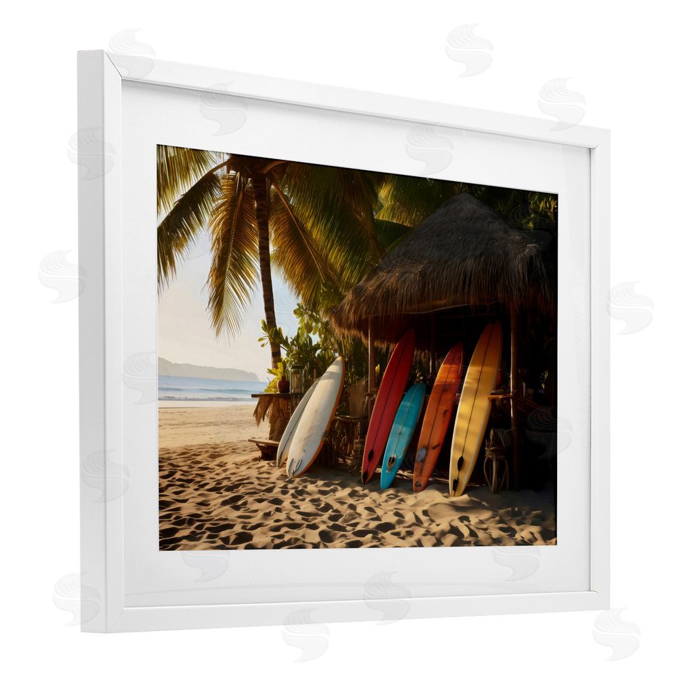 LSR Design Studio Surfboards At Beach Hut White Framed Print Under Glass Art