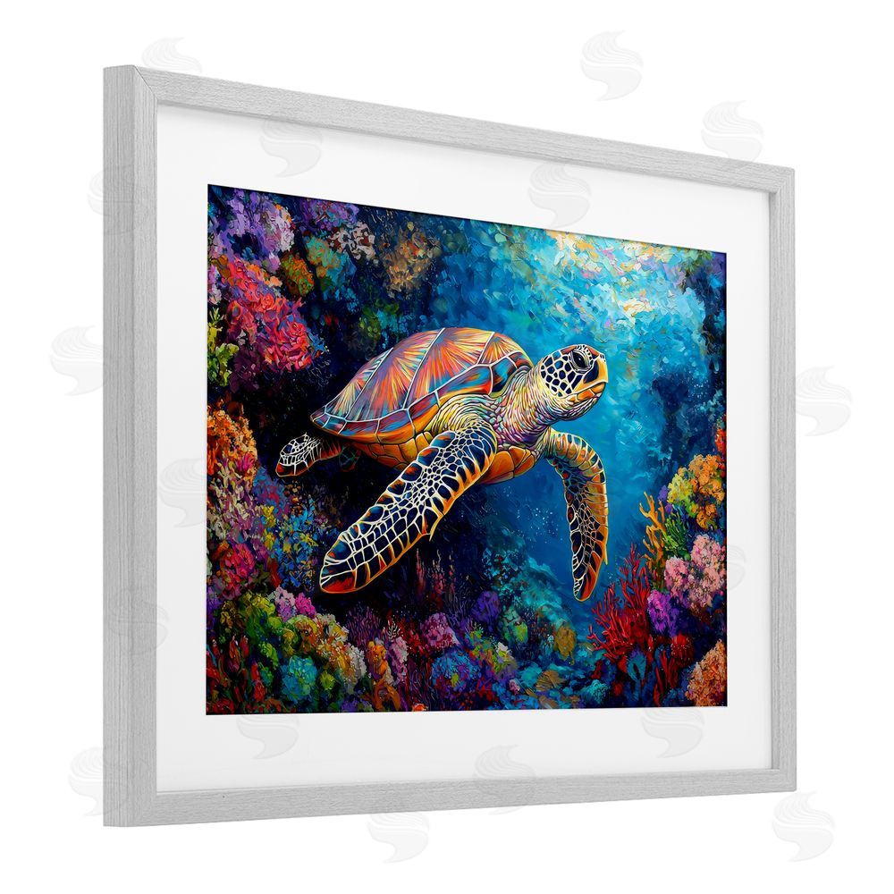 LSR Design Studio Colorful Coral Reef & Turtle Gray Framed Print Under Glass Art