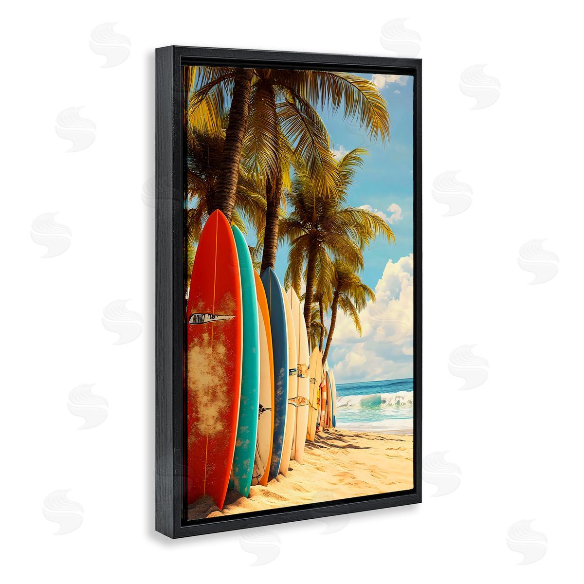 LSR Design Studio Surfboards In Line with Palms Black Floating Frame Canvas Wall Art Print