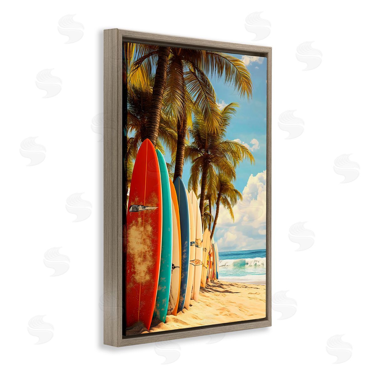 LSR Design Studio Surfboards In Line with Palms Brown Floating Frame Canvas Art Print