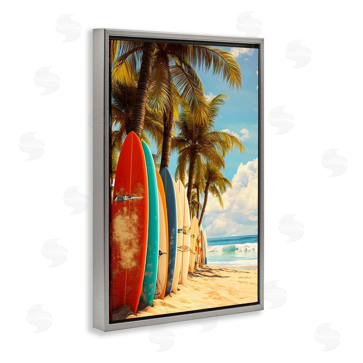 LSR Design Studio Surfboards In Line with Palms Gray Floating Frame Canvas Art Print