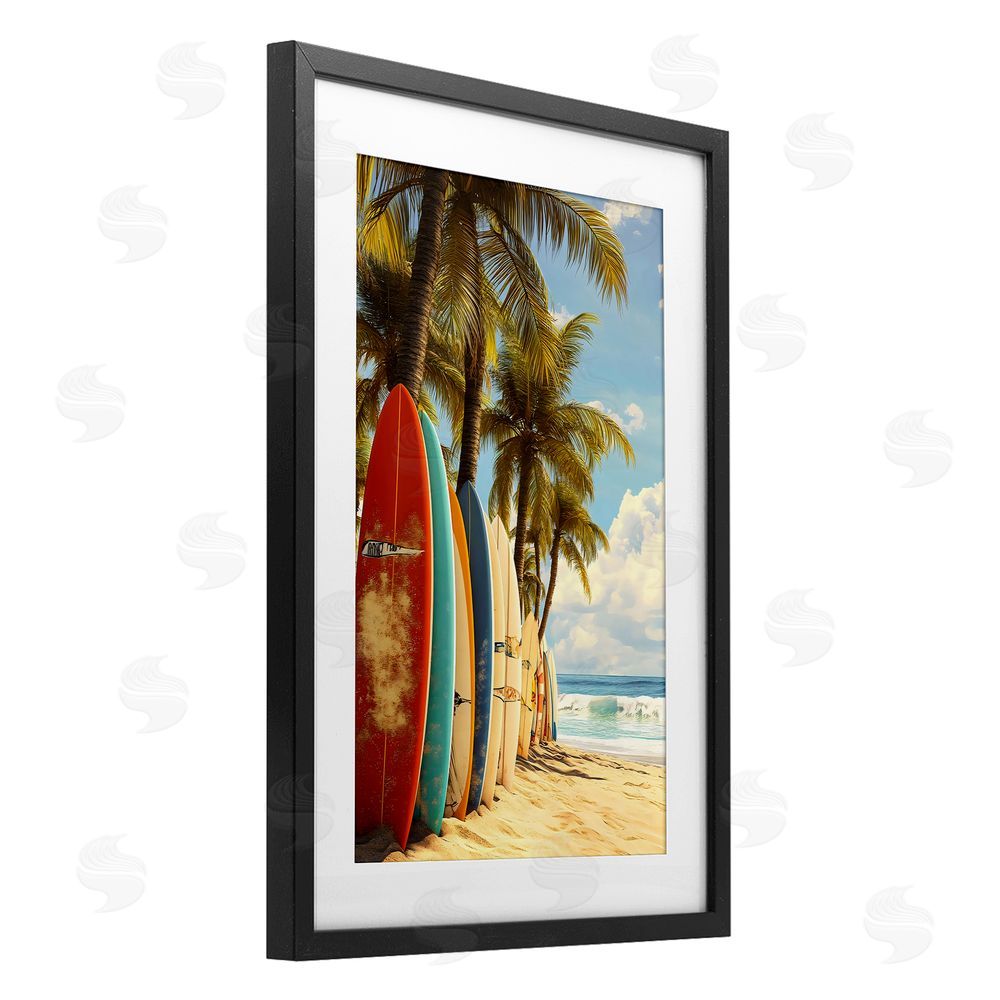 LSR Design Studio Surfboards In Line with Palms Black Framed Print Under Glass Art
