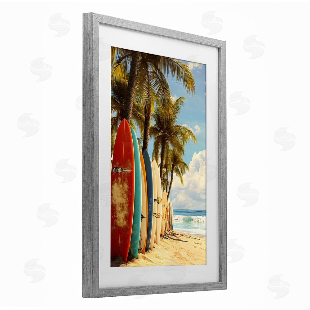 LSR Design Studio Surfboards In Line with Palms Gray Framed Print Under Glass Art