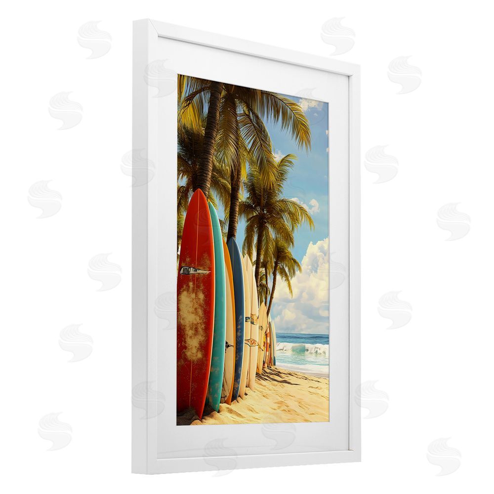 LSR Design Studio Surfboards In Line with Palms White Framed Print Under Glass Art