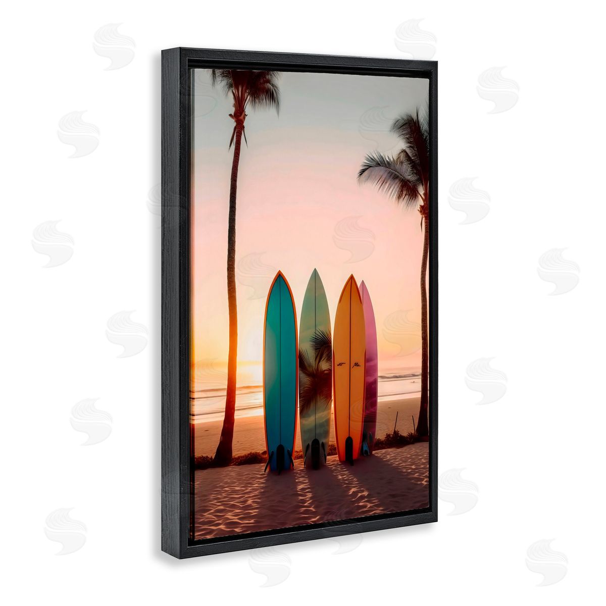LSR Design Studio Four Surfboards at Sunset Black Floating Frame Canvas Wall Art Print