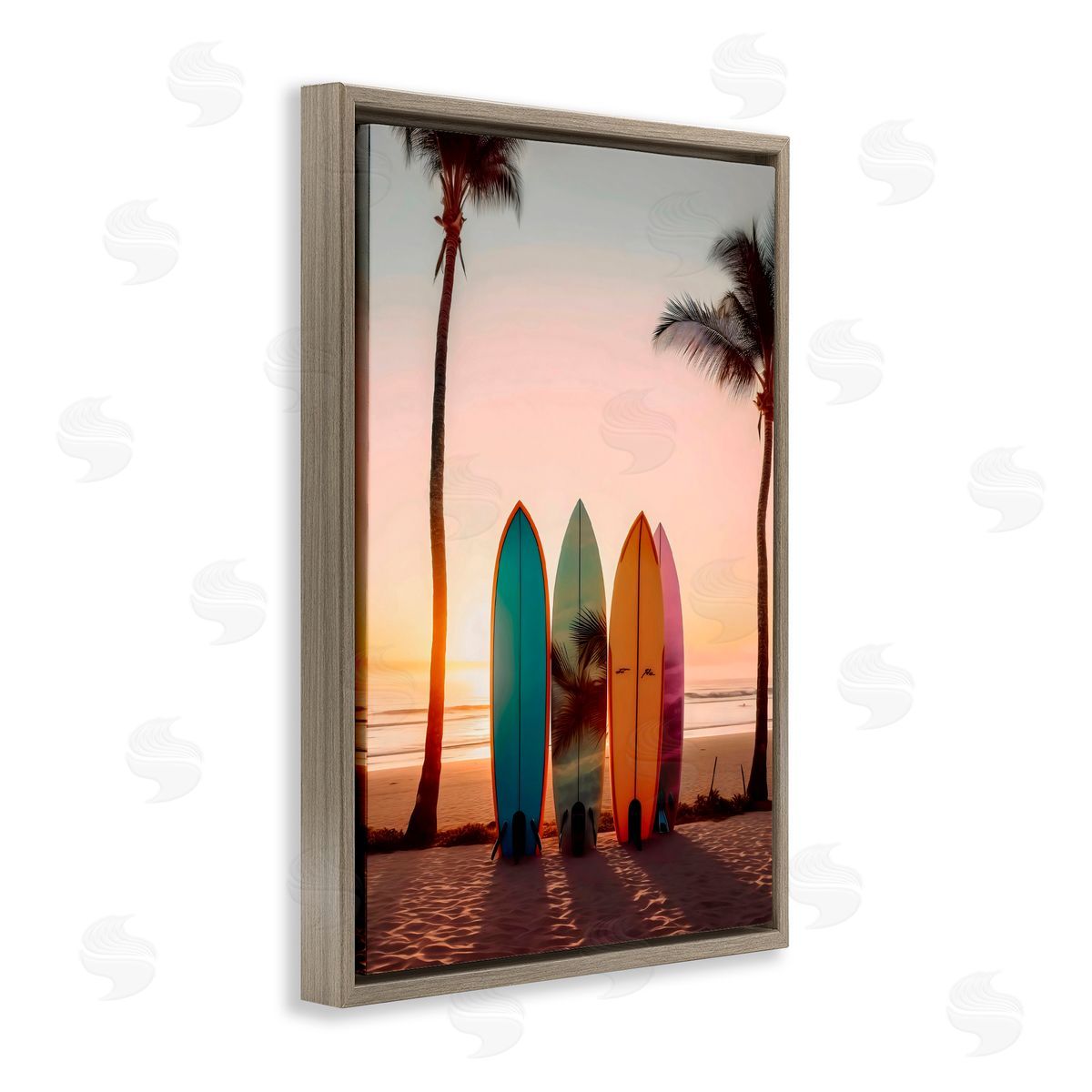 LSR Design Studio Four Surfboards at Sunset Brown Floating Frame Canvas Art Print