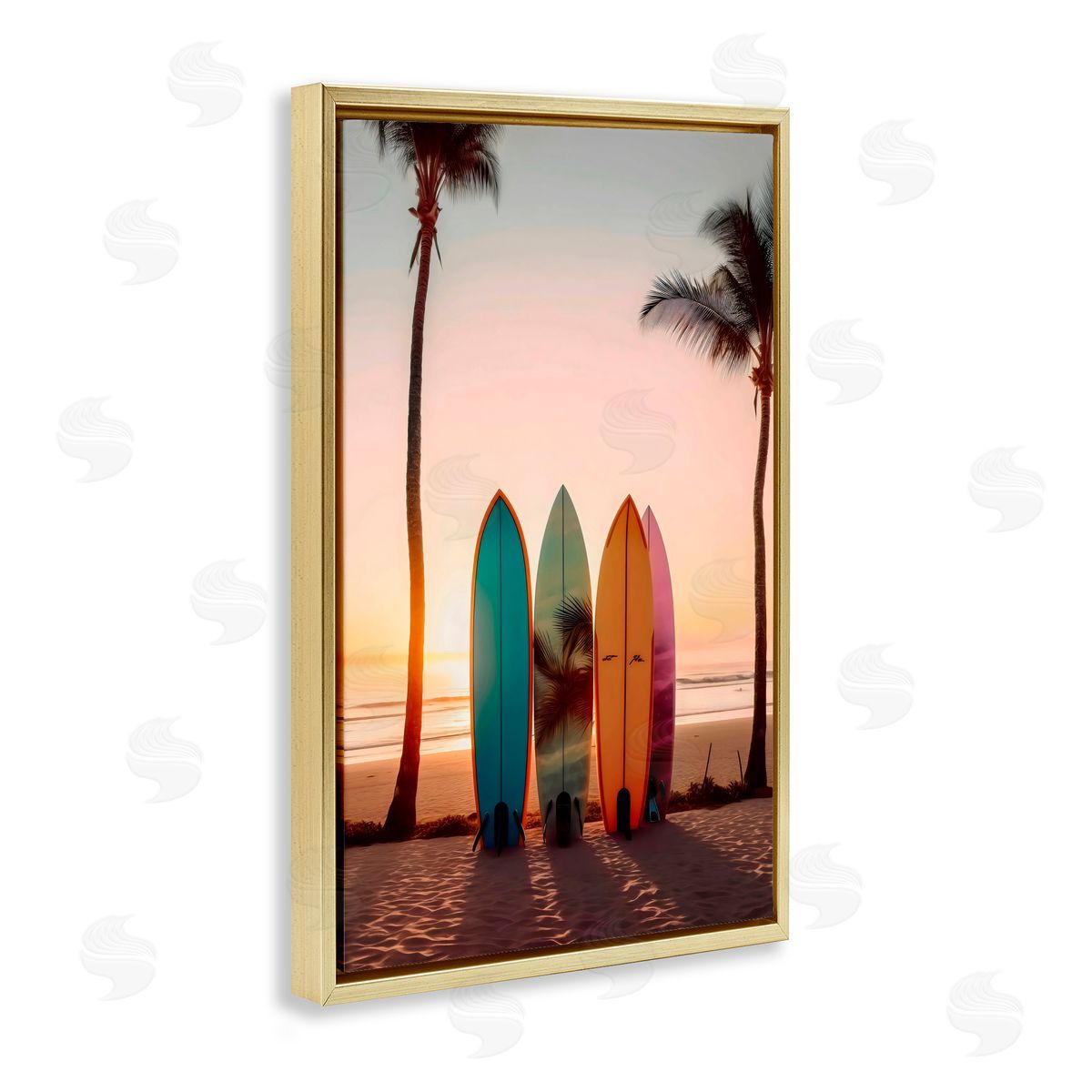 LSR Design Studio Four Surfboards at Sunset Gold Floating Frame Canvas Art Print