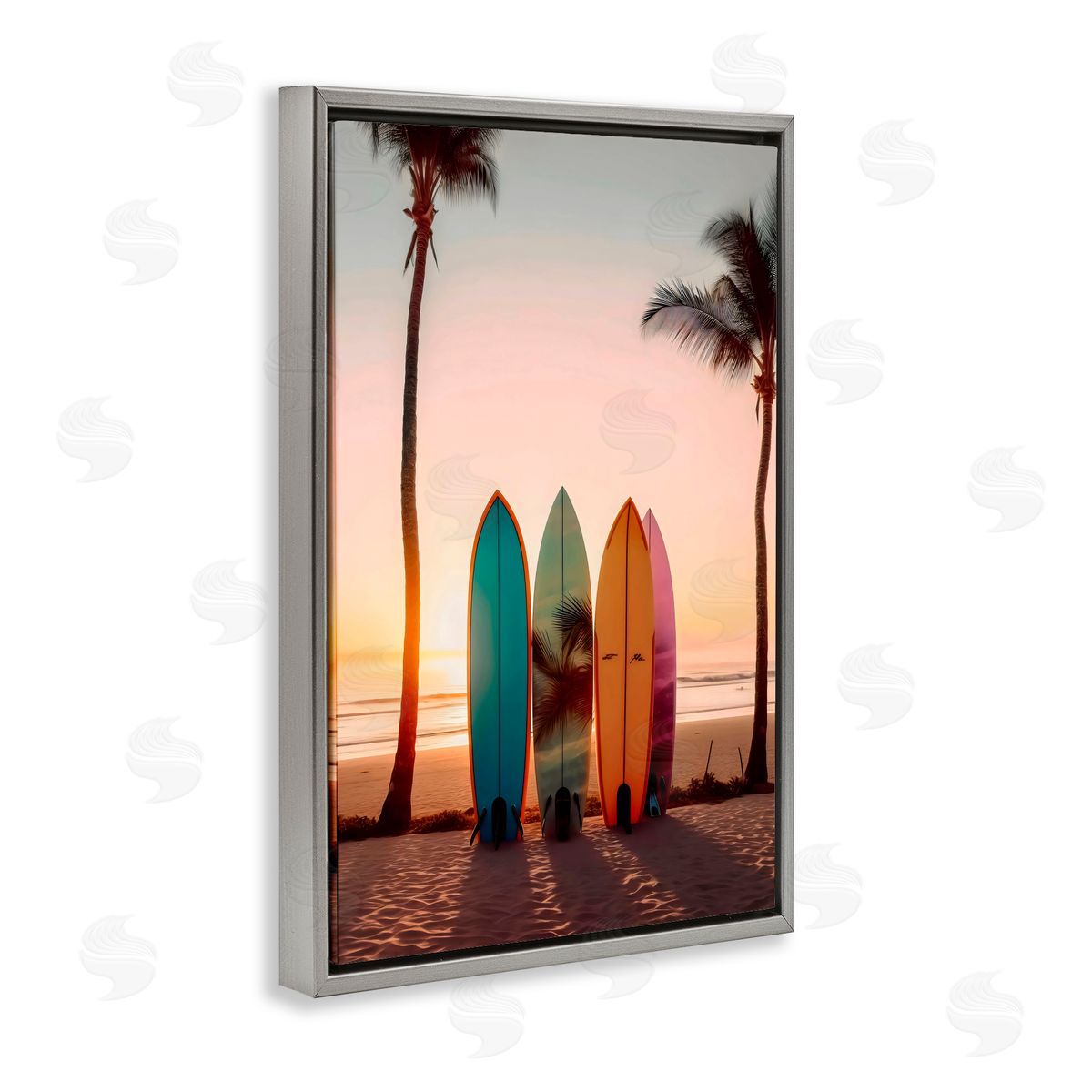 LSR Design Studio Four Surfboards at Sunset Gray Floating Frame Canvas Art Print