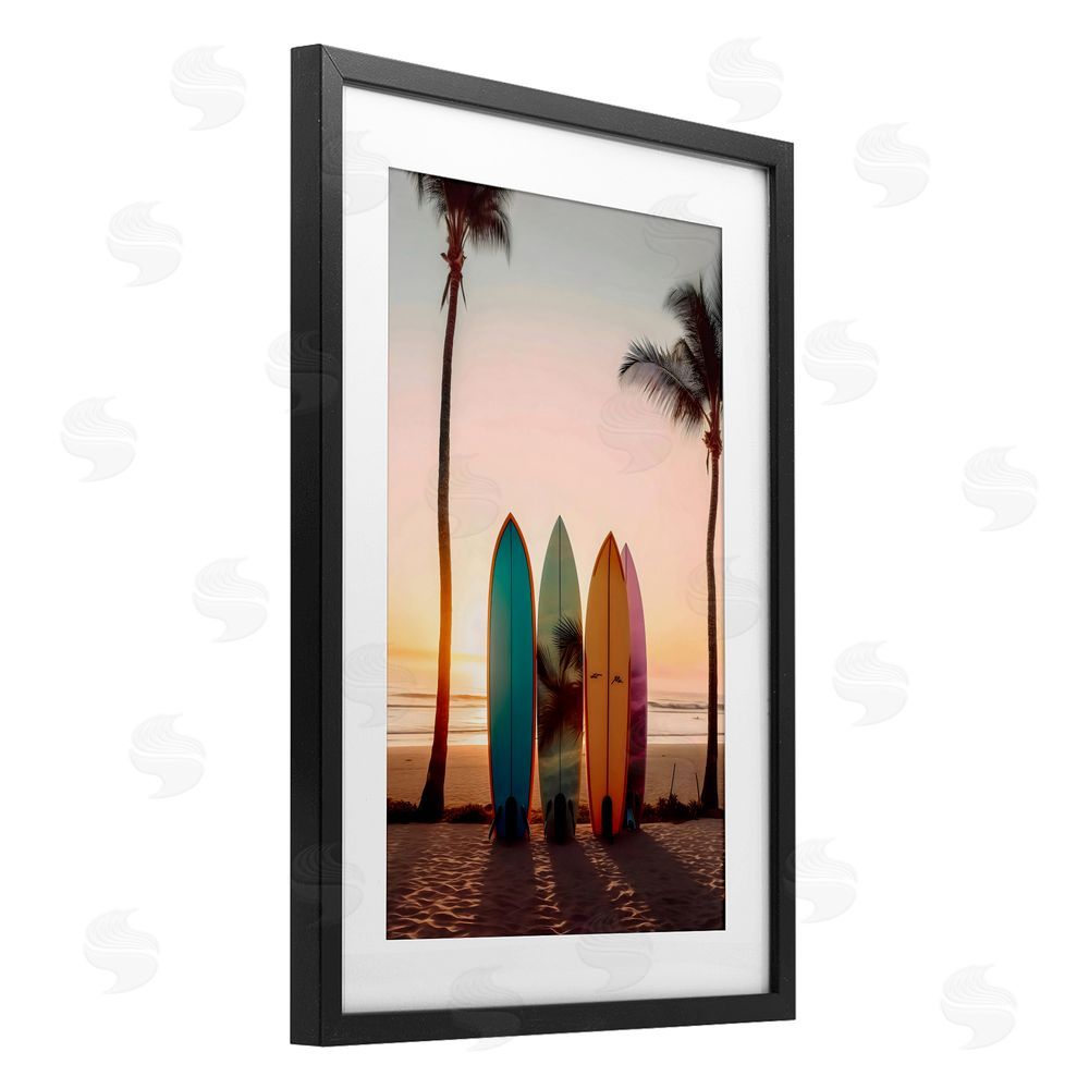 LSR Design Studio Four Surfboards at Sunset Black Framed Print Under Glass Art