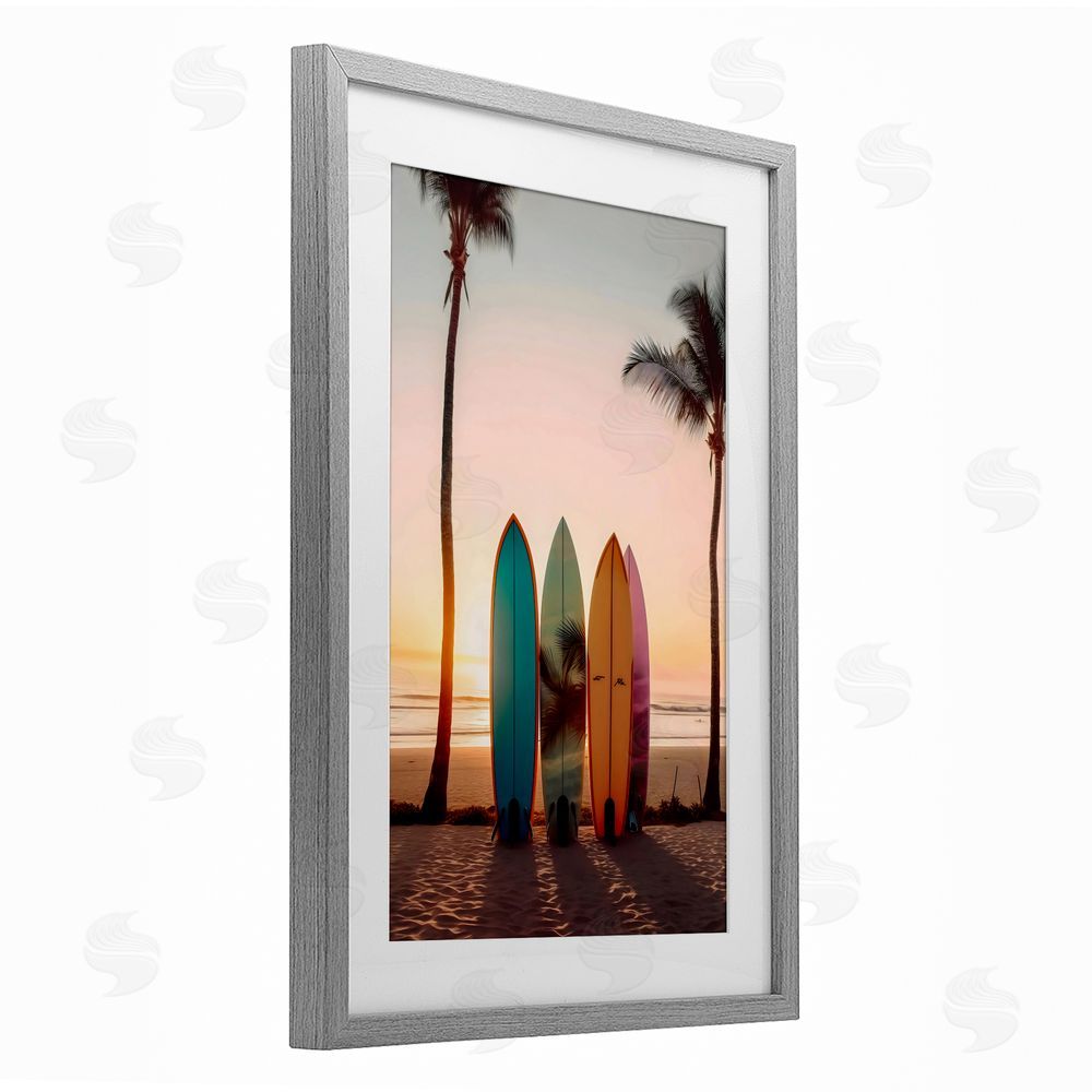 LSR Design Studio Four Surfboards at Sunset Gray Framed Print Under Glass Art