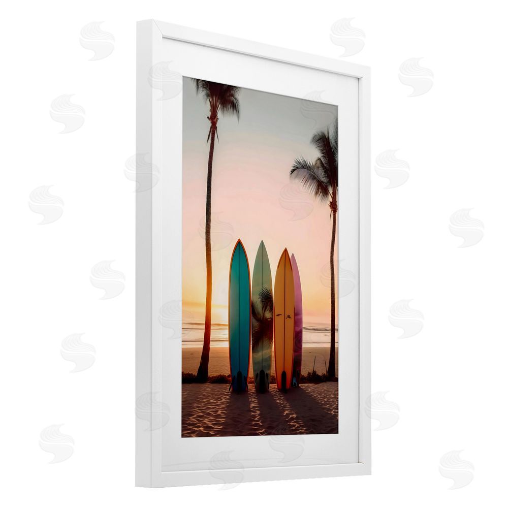 LSR Design Studio Four Surfboards at Sunset White Framed Print Under Glass Art