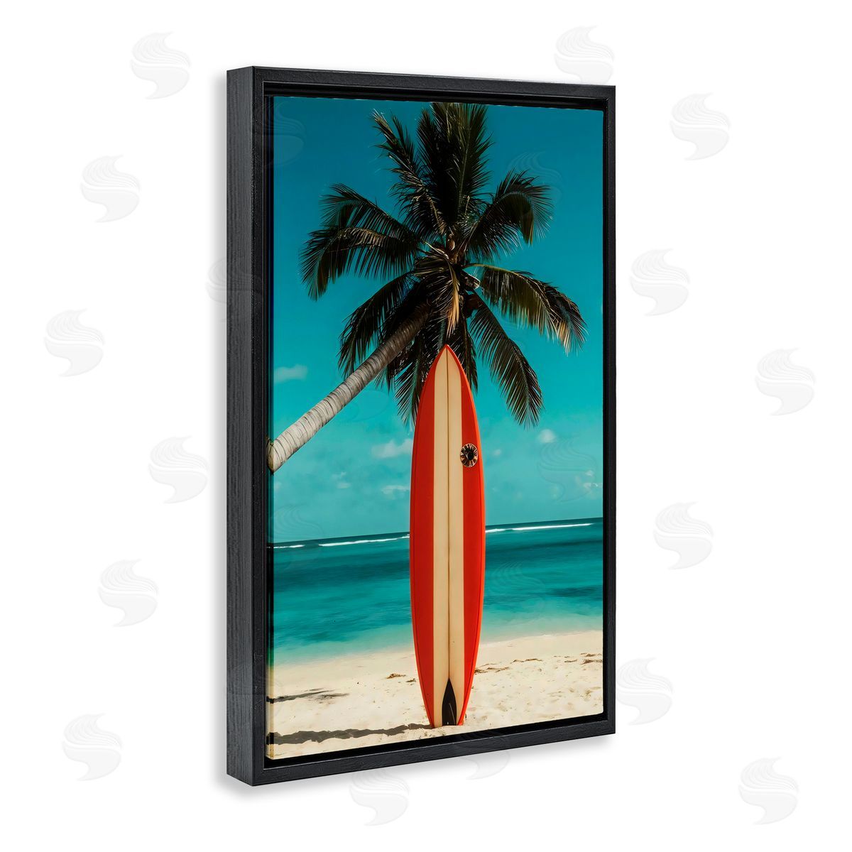 LSR Design Studio Single Palm Tree & Surfboard Black Floating Frame Canvas Wall Art Print
