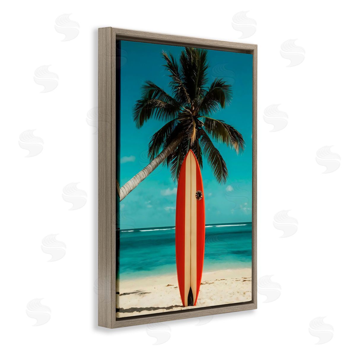 LSR Design Studio Single Palm Tree & Surfboard Brown Floating Frame Canvas Art Print
