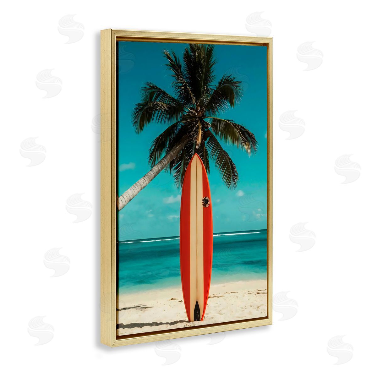LSR Design Studio Single Palm Tree & Surfboard Gold Floating Frame Canvas Art Print