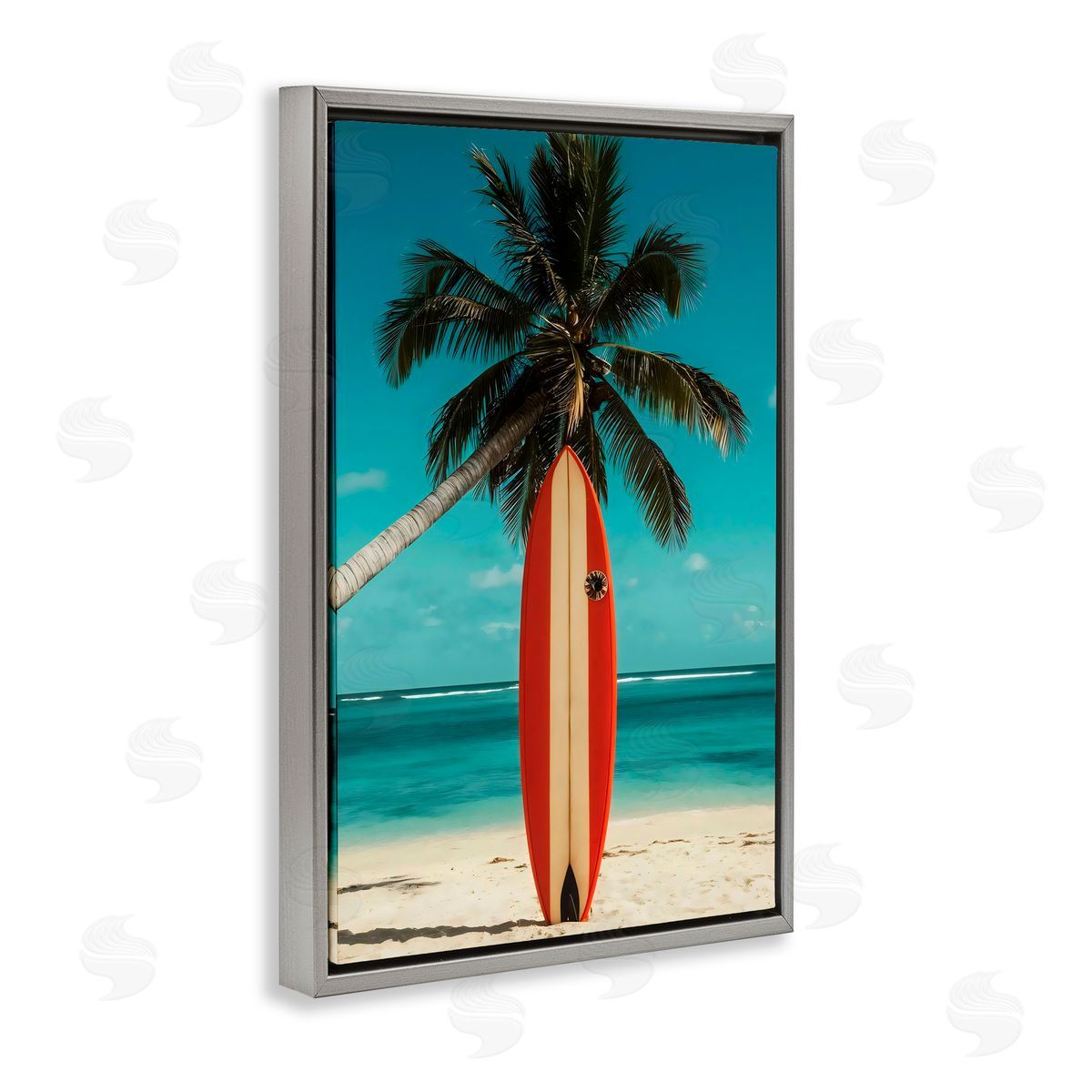 LSR Design Studio Single Palm Tree & Surfboard Gray Floating Frame Canvas Art Print