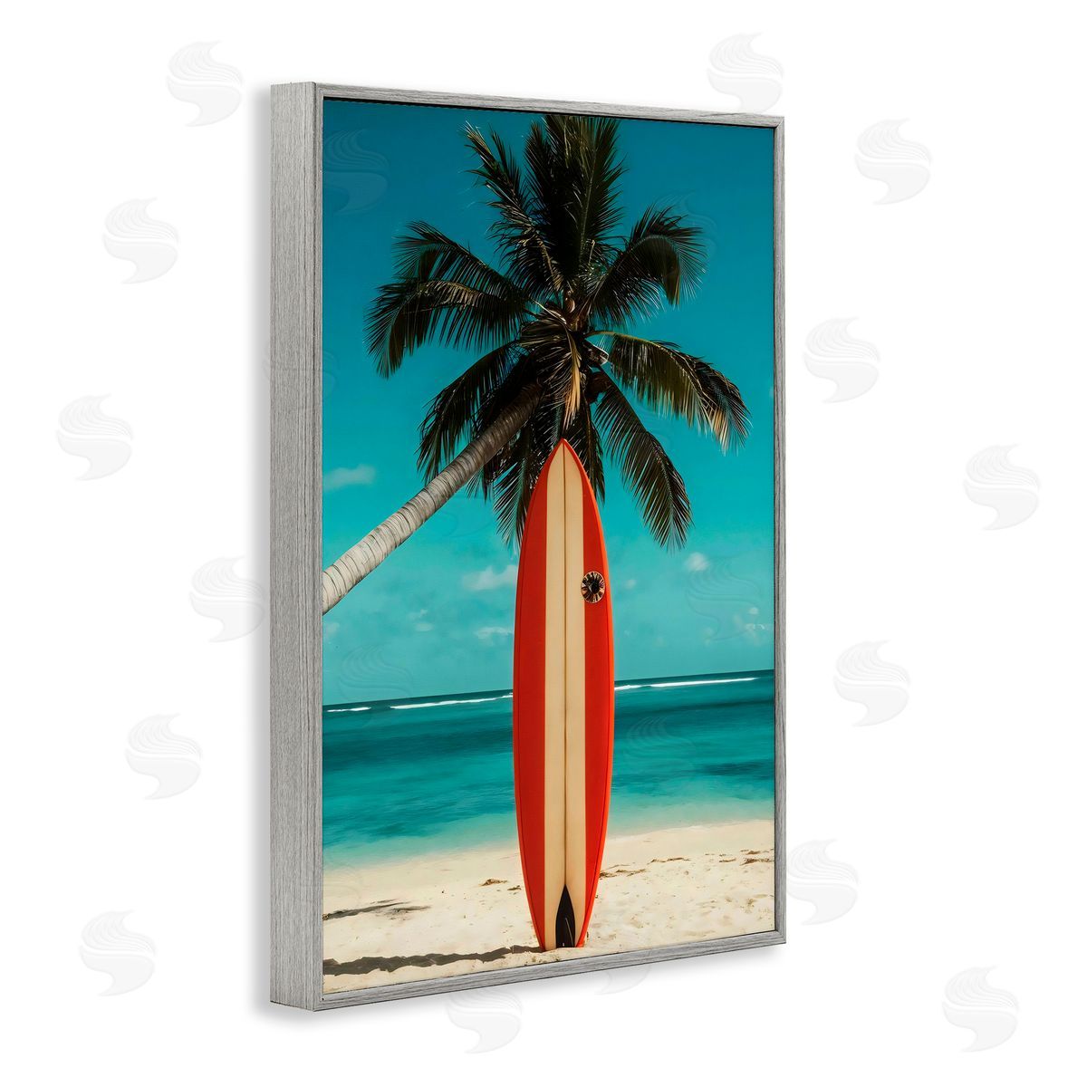 LSR Design Studio Single Palm Tree & Surfboard Gray Framed Giclee Art Print