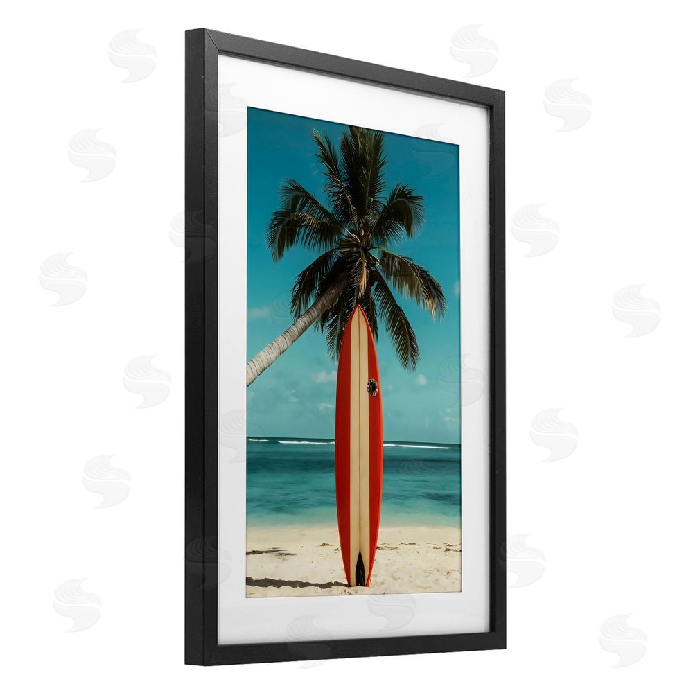 LSR Design Studio Single Palm Tree & Surfboard Black Framed Print Under Glass Art