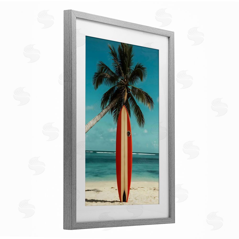 LSR Design Studio Single Palm Tree & Surfboard Gray Framed Print Under Glass Art