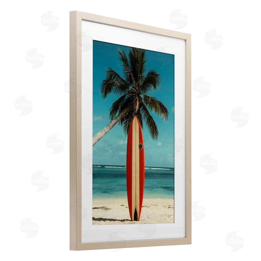 LSR Design Studio Single Palm Tree & Surfboard Birch Framed Print Under Glass Art