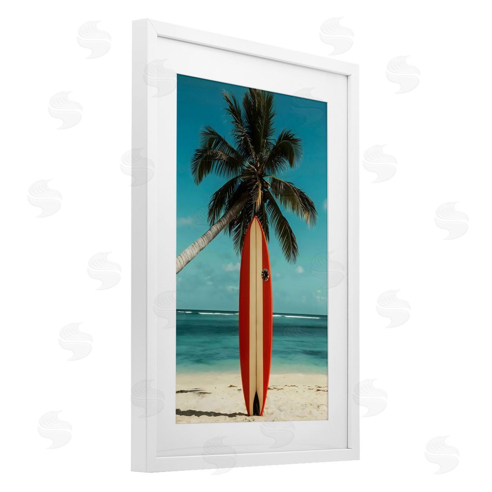 LSR Design Studio Single Palm Tree & Surfboard White Framed Print Under Glass Art