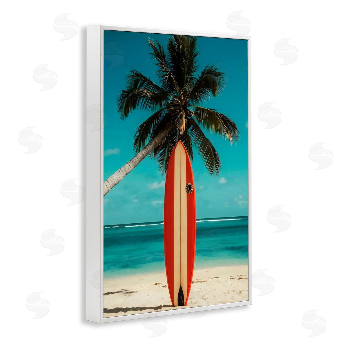 LSR Design Studio Single Palm Tree & Surfboard White Frame Giclee Art Print