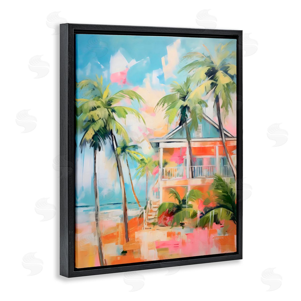 LSR Design Studio Blue Beach House Abstract Black Floating Frame Canvas Wall Art Print