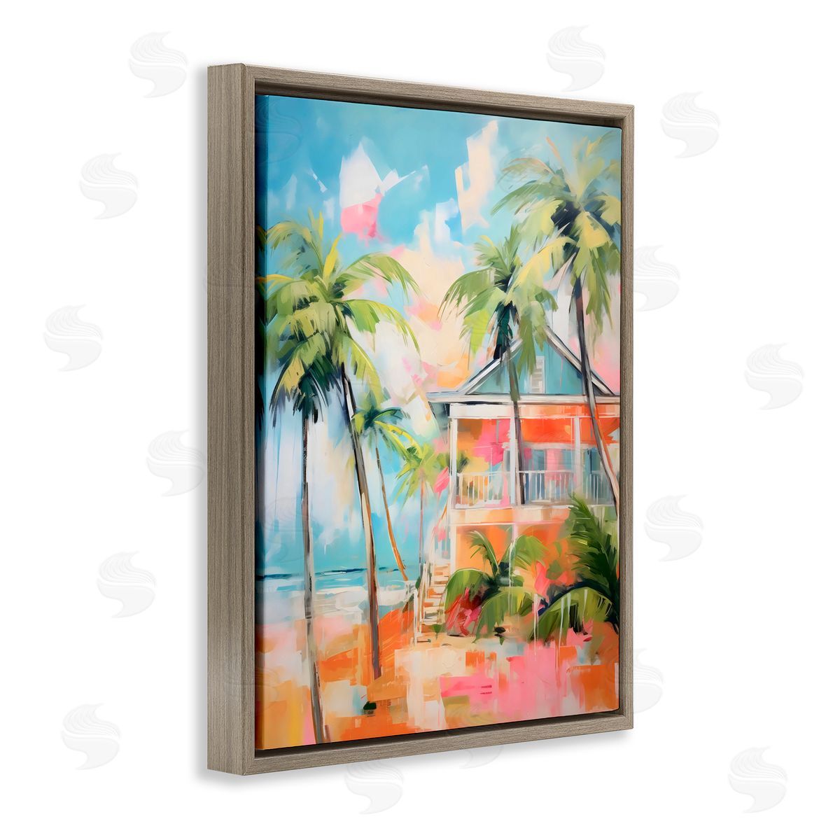 LSR Design Studio Blue Beach House Abstract Brown Floating Frame Canvas Art Print