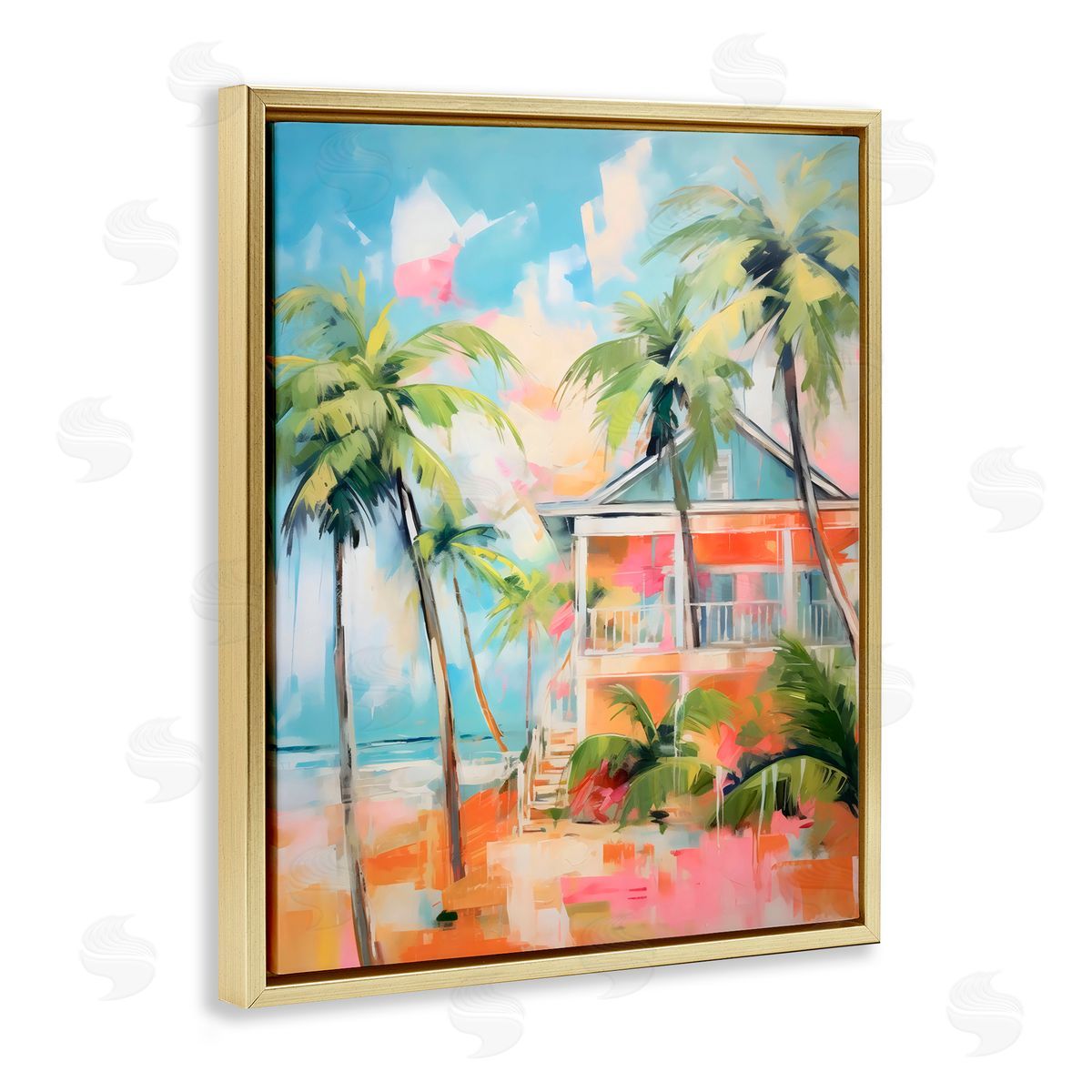 LSR Design Studio Blue Beach House Abstract Gold Floating Frame Canvas Art Print