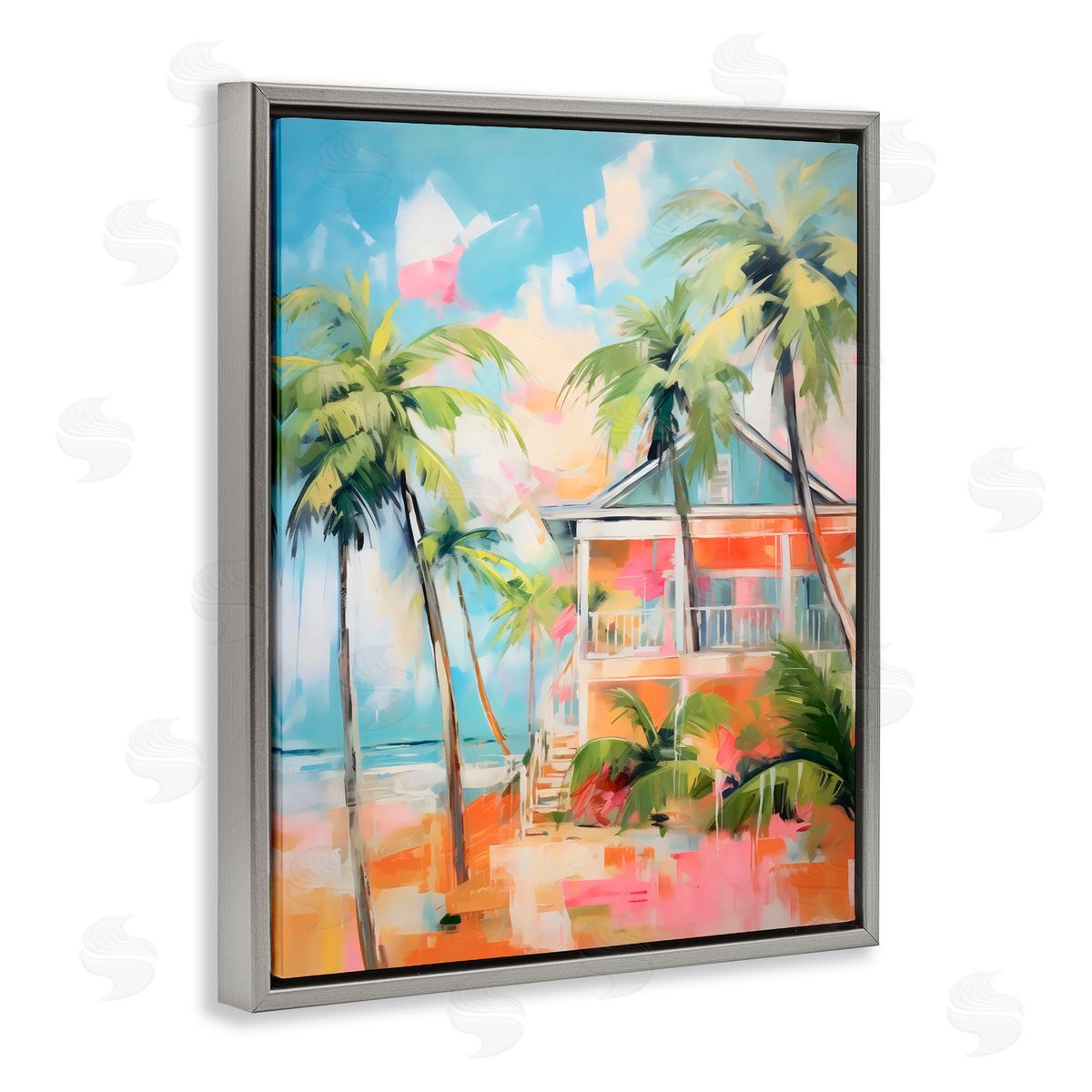 LSR Design Studio Blue Beach House Abstract Gray Floating Frame Canvas Art Print