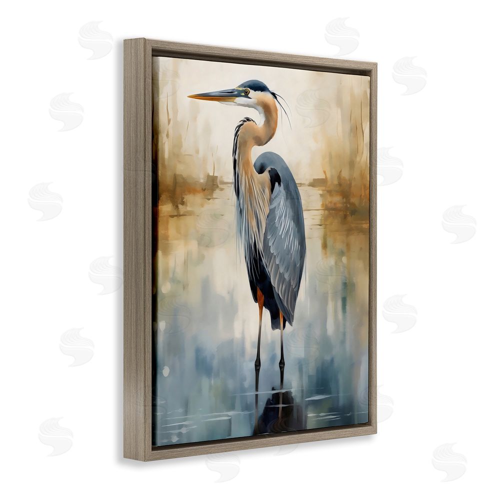 LSR Design Studio Peaceful Heron over Abstract Brown Floating Frame Canvas Art Print