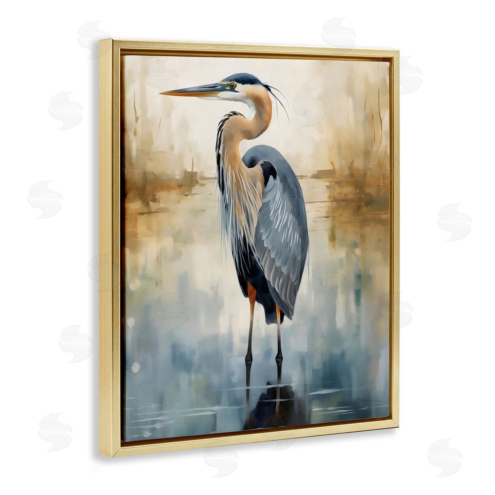 LSR Design Studio Peaceful Heron over Abstract Gold Floating Frame Canvas Art Print
