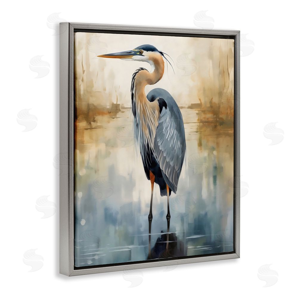 LSR Design Studio Peaceful Heron over Abstract Gray Floating Frame Canvas Art Print