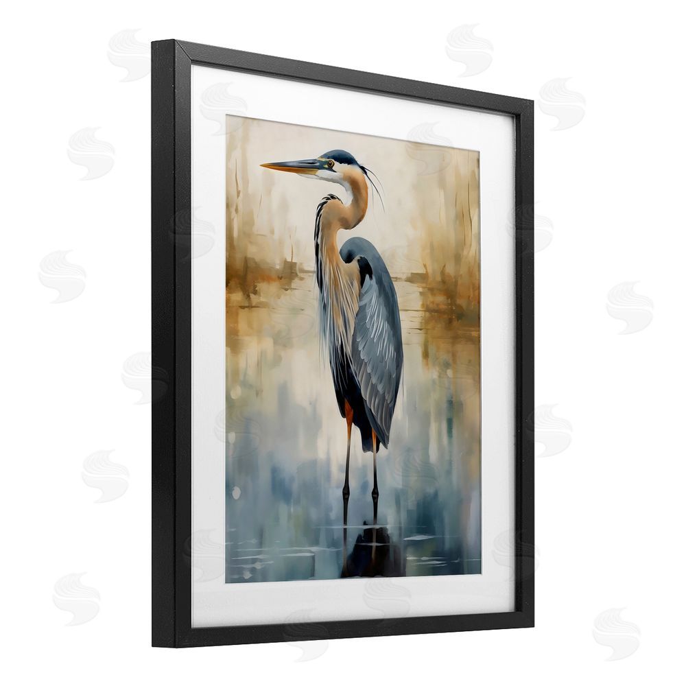 LSR Design Studio Peaceful Heron over Abstract Black Framed Print Under Glass Art