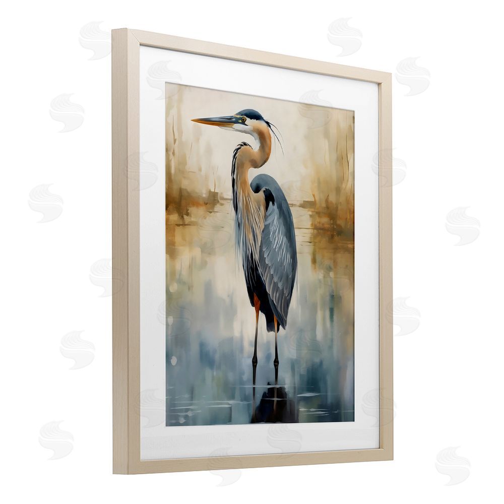 LSR Design Studio Peaceful Heron over Abstract Birch Framed Print Under Glass Art