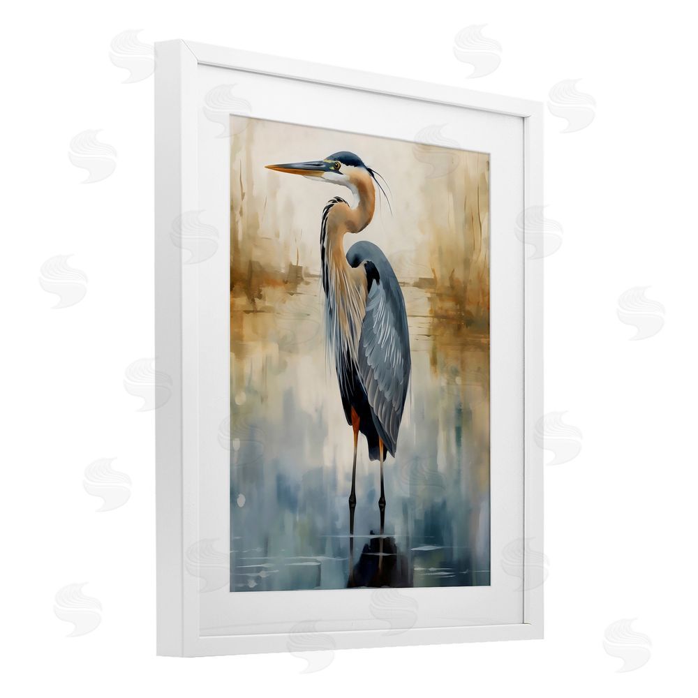 LSR Design Studio Peaceful Heron over Abstract White Framed Print Under Glass Art