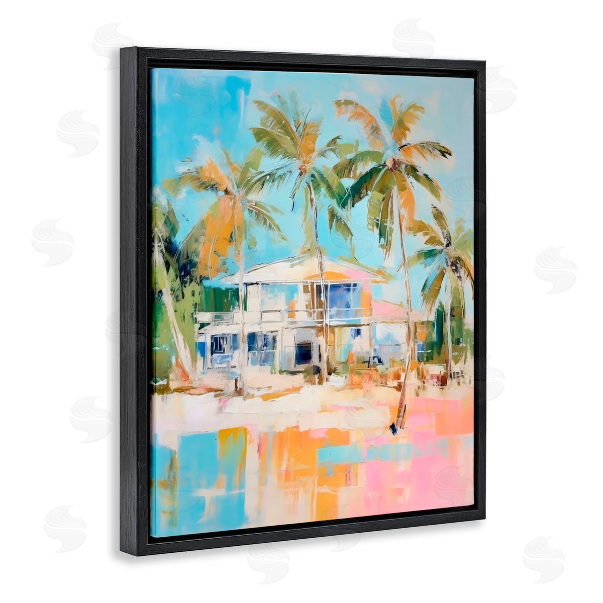 LSR Design Studio Abstract Tropical Bungalow Black Floating Frame Canvas Wall Art Print