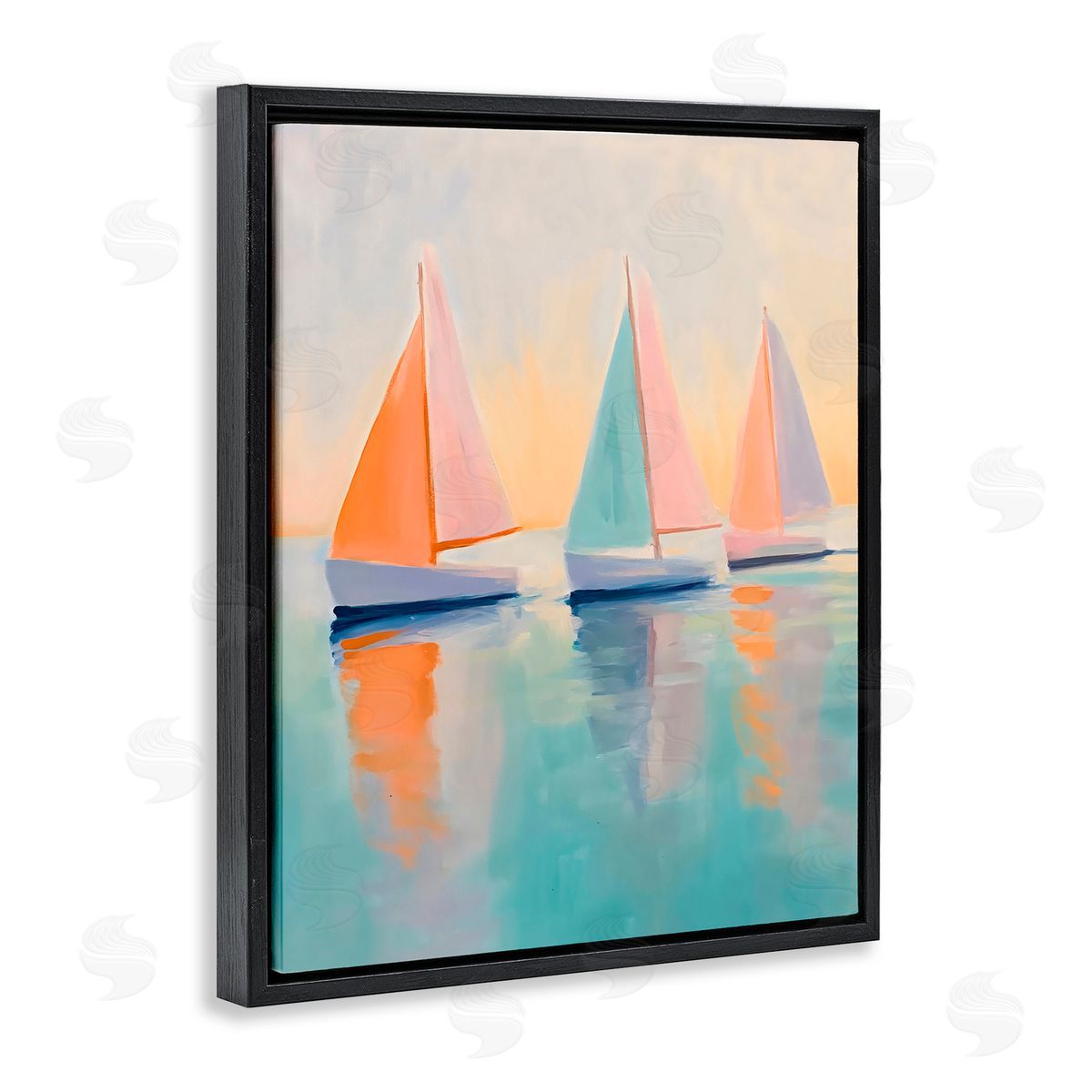LSR Design Studio Pastel Sailboat Trio Black Floating Frame Canvas Wall Art Print