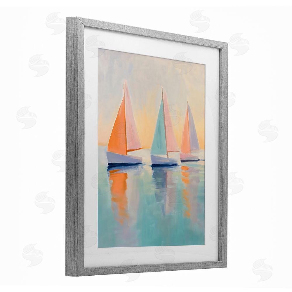 LSR Design Studio Pastel Sailboat Trio Gray Framed Print Under Glass Art