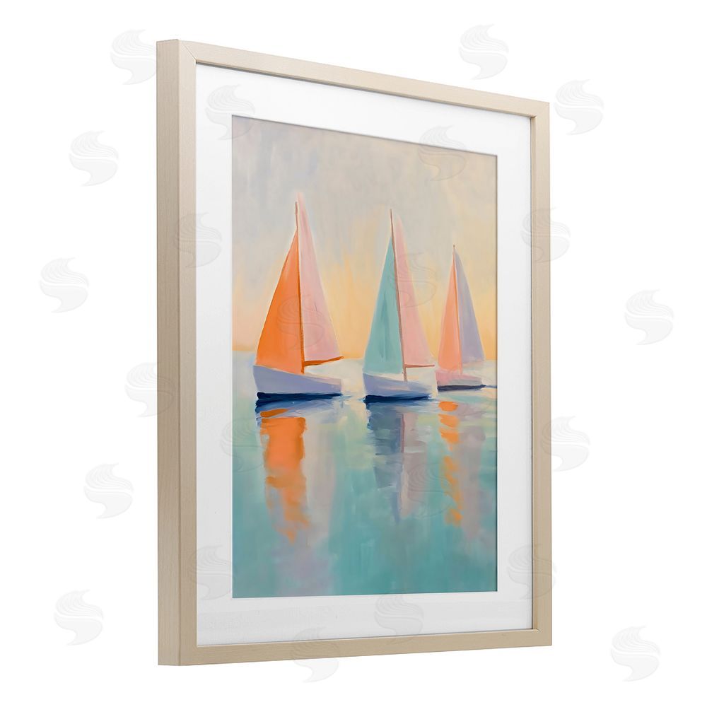 LSR Design Studio Pastel Sailboat Trio Birch Framed Print Under Glass Art