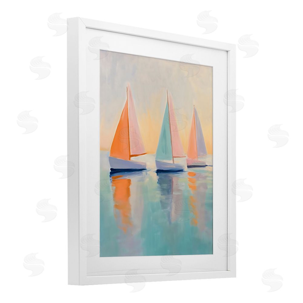 LSR Design Studio Pastel Sailboat Trio White Framed Print Under Glass Art