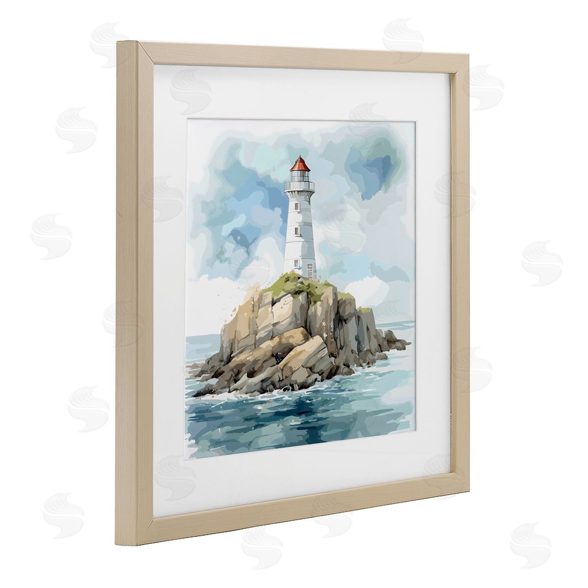 LSR Design Studio Red Roof Lighthouse Birch Framed Print Under Glass Art