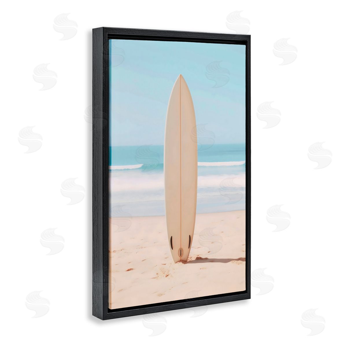 LSR Design Studio Neutral Centered Surfboard Black Floating Frame Canvas Wall Art Print