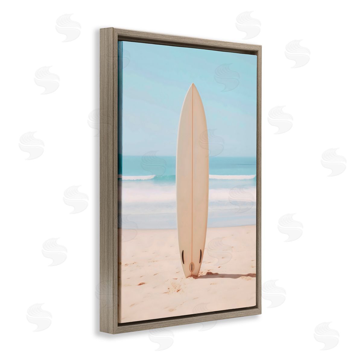 LSR Design Studio Neutral Centered Surfboard Brown Floating Frame Canvas Art Print