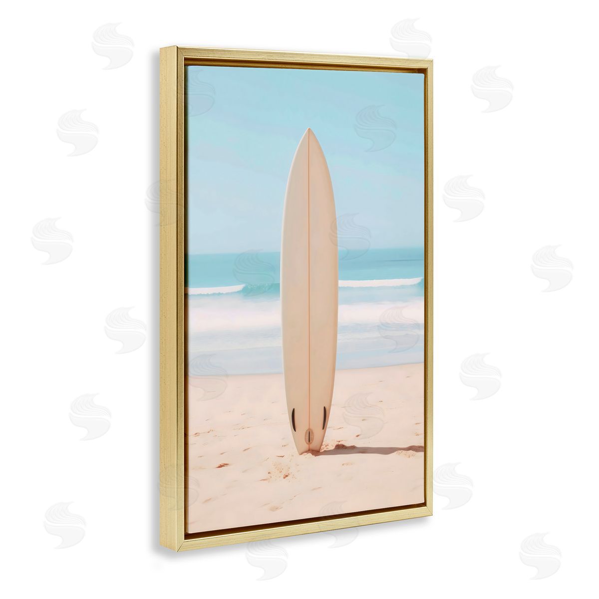 LSR Design Studio Neutral Centered Surfboard Gold Floating Frame Canvas Art Print