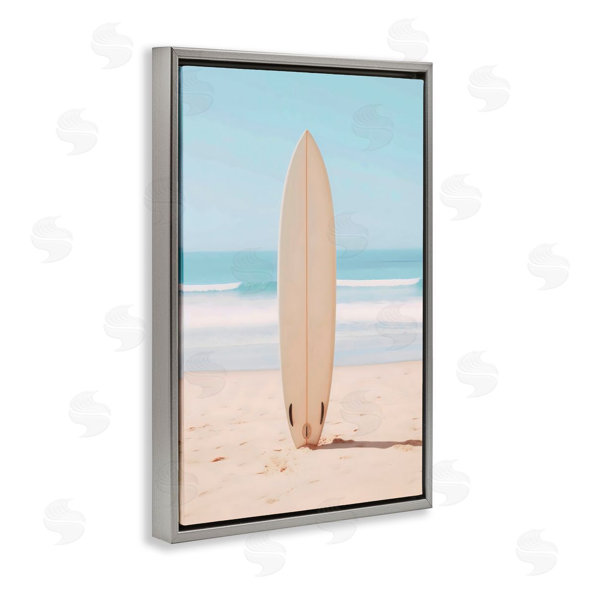 LSR Design Studio Neutral Centered Surfboard Gray Floating Frame Canvas Art Print
