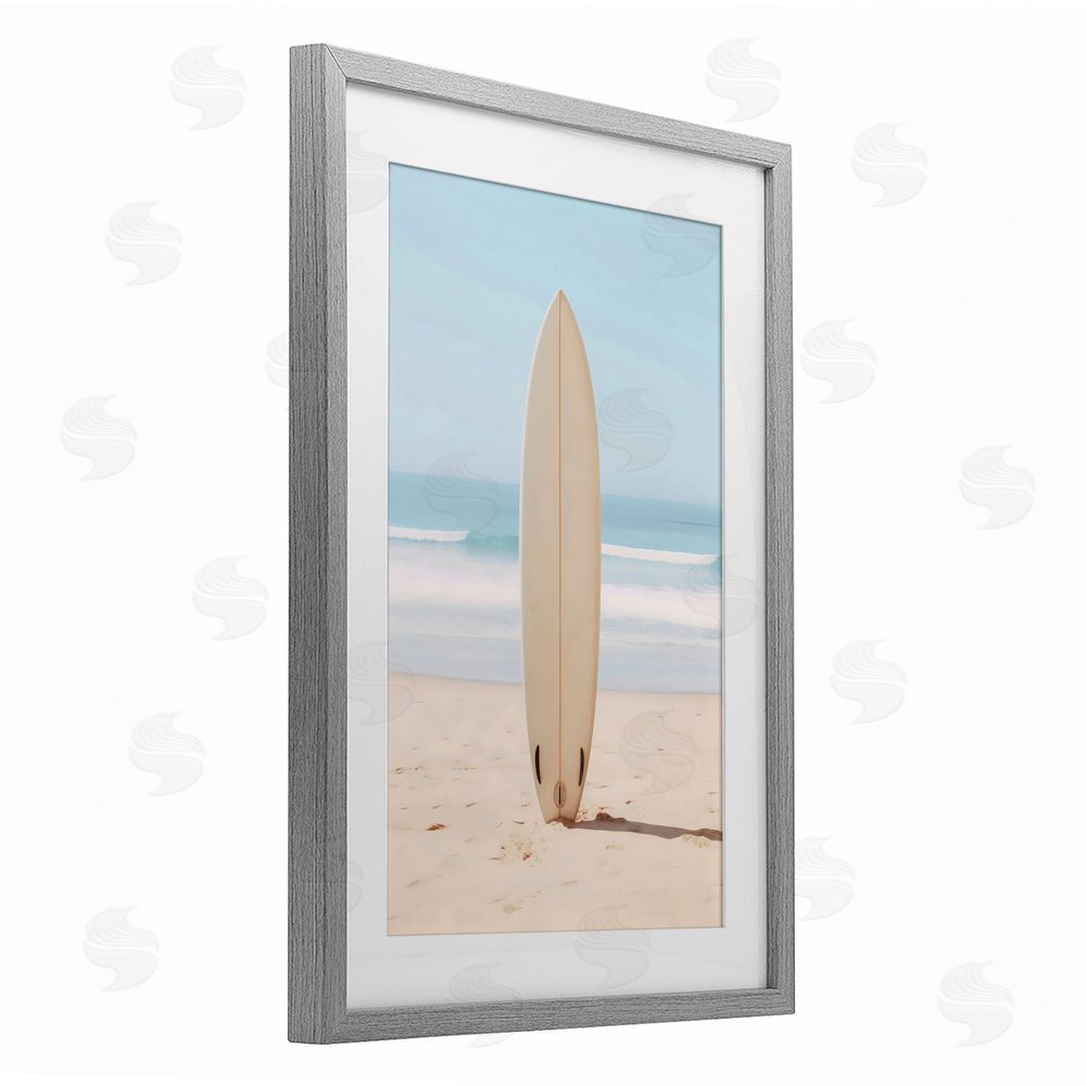 LSR Design Studio Neutral Centered Surfboard Gray Framed Print Under Glass Art