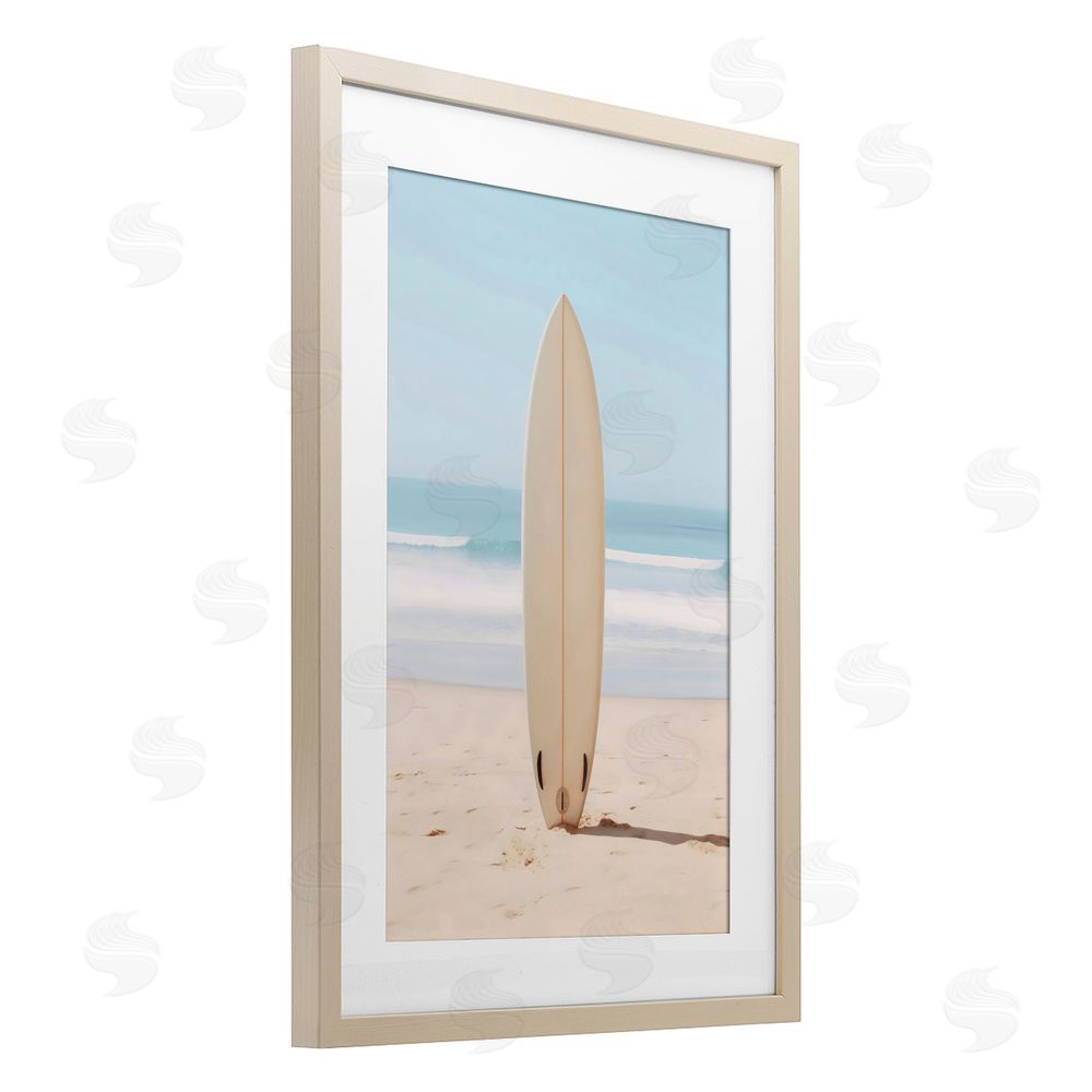 LSR Design Studio Neutral Centered Surfboard Birch Framed Print Under Glass Art