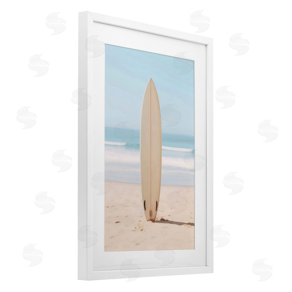 LSR Design Studio Neutral Centered Surfboard White Framed Print Under Glass Art