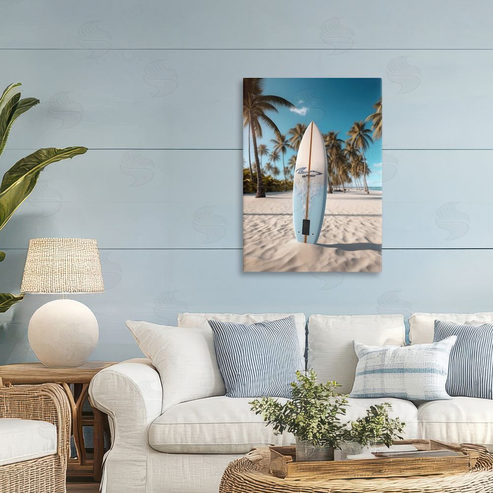 LSR Design Studio Standing Surfboard Coastal Blur Printed Wall Art in Room